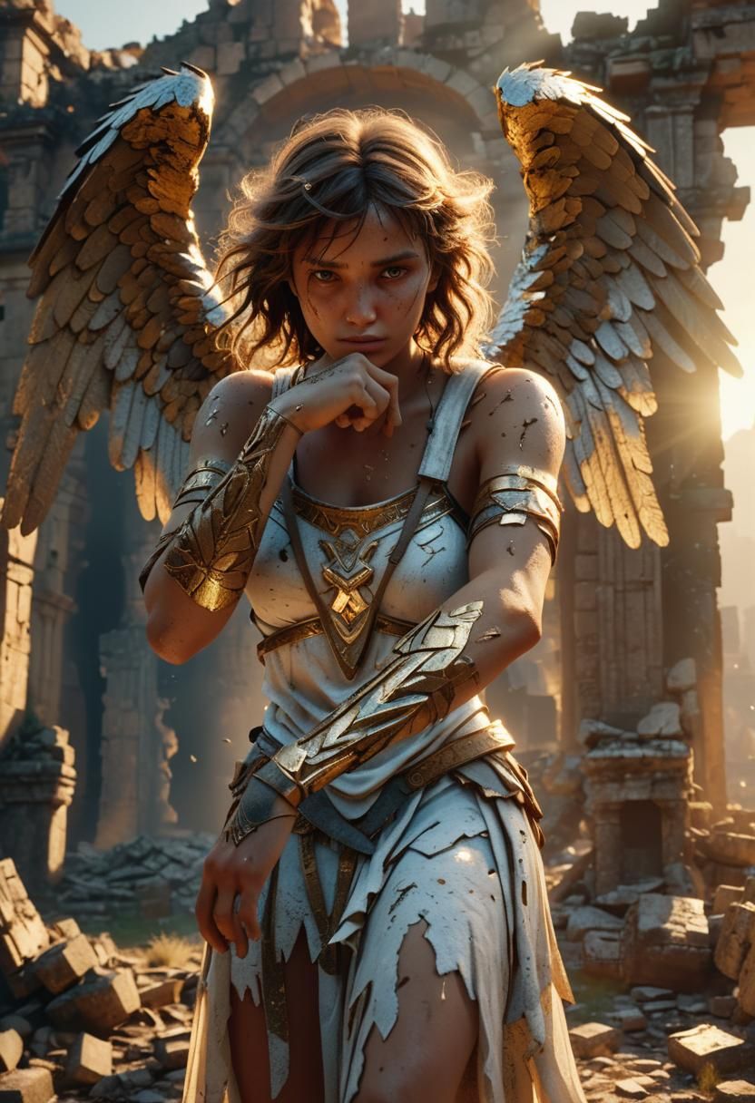 Brokedown Angel in Ancient Ruins: 3D Rendered Masterpiece