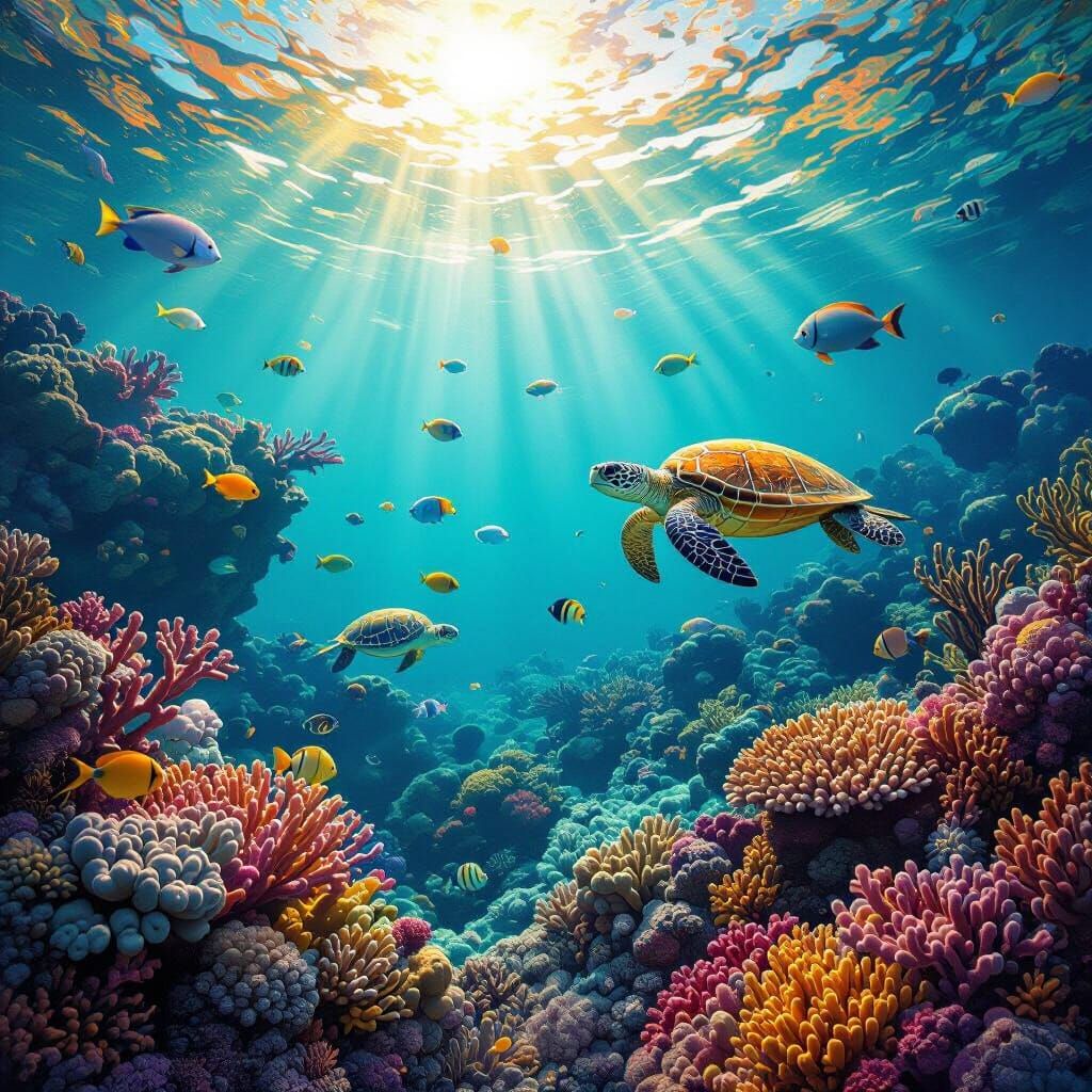 Vibrant Coral Reef Ecosystem in Surreal Digital Art