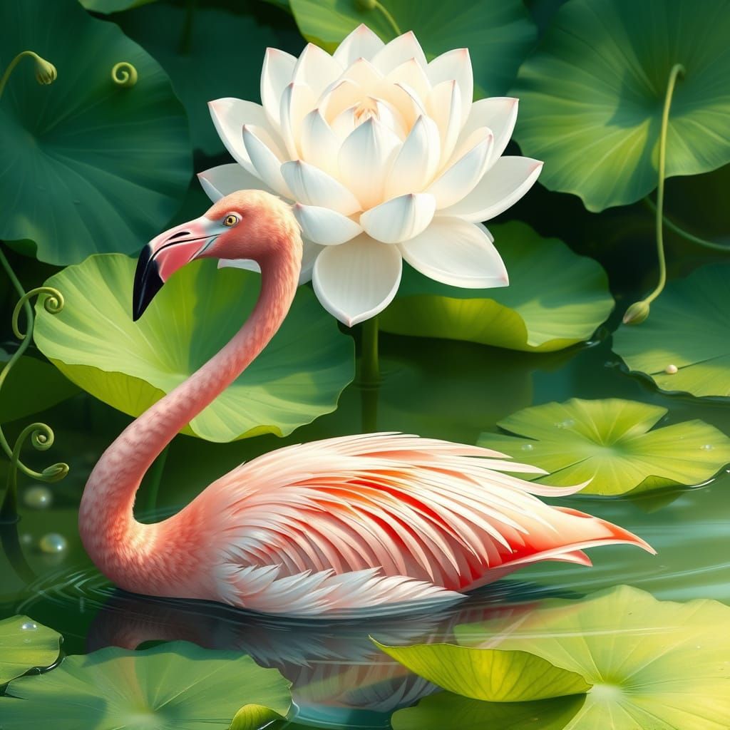 Ethereal Flamingo in Serene Water Scene with Lotus