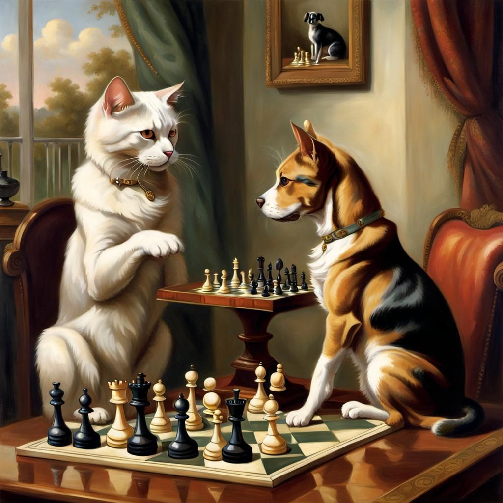 Cat and Dog Play Chess, in Vintage Style
