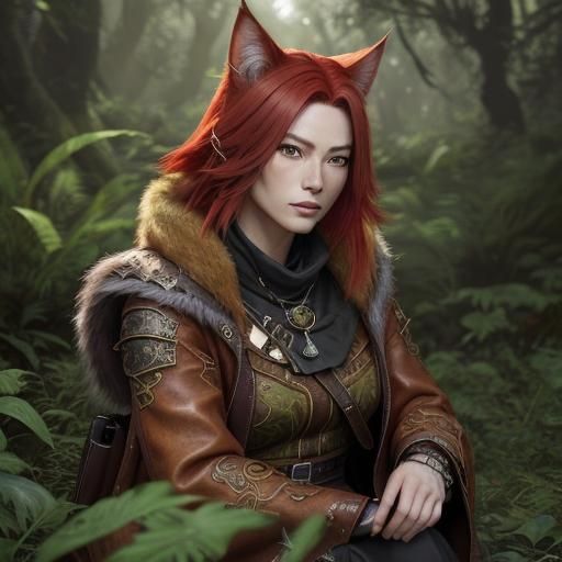 Anthro Cat in Forest with Leather Coat, Digital Art