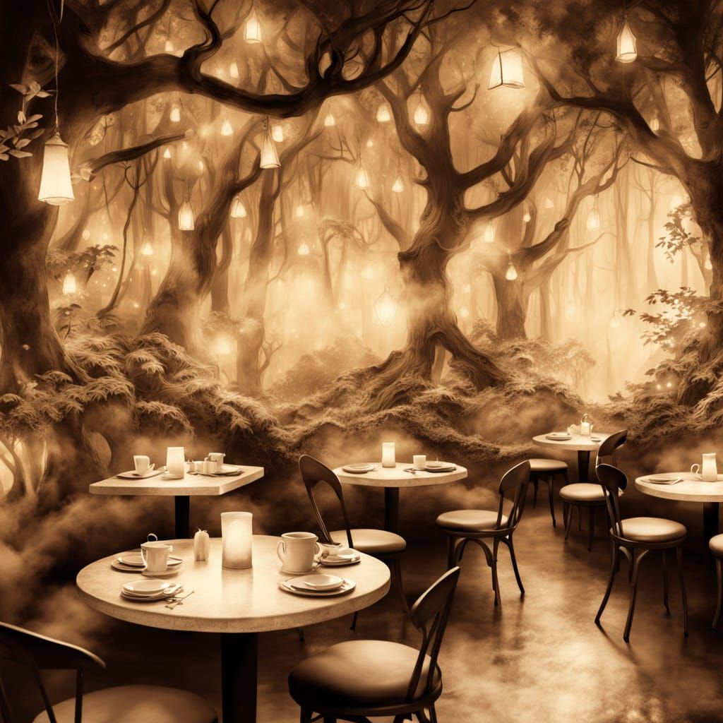 Enchanted Forest Cafe with Floating Coffee Mugs