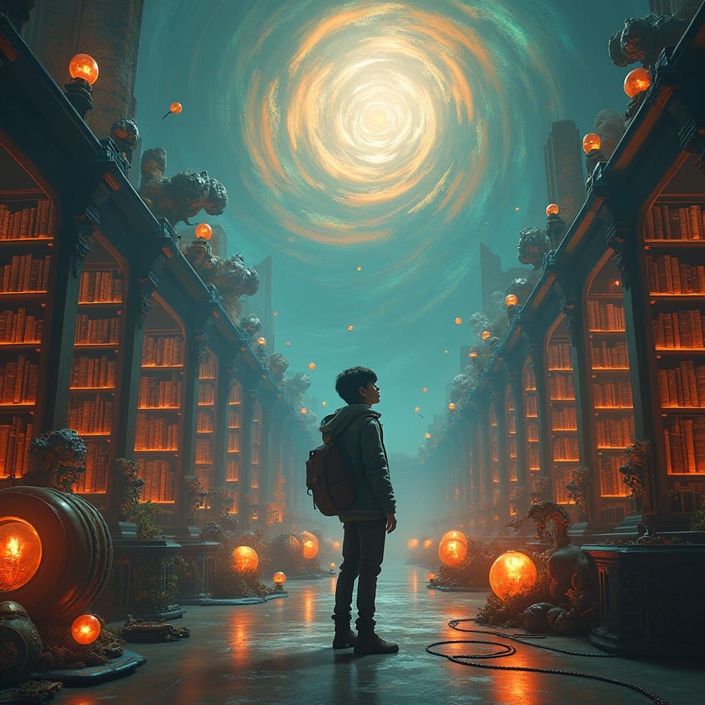 Mystical Library Scene with Student and Vortex