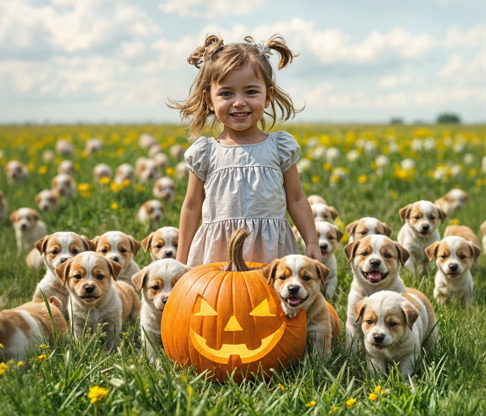 Cute Girl Cheering in Puppy Field