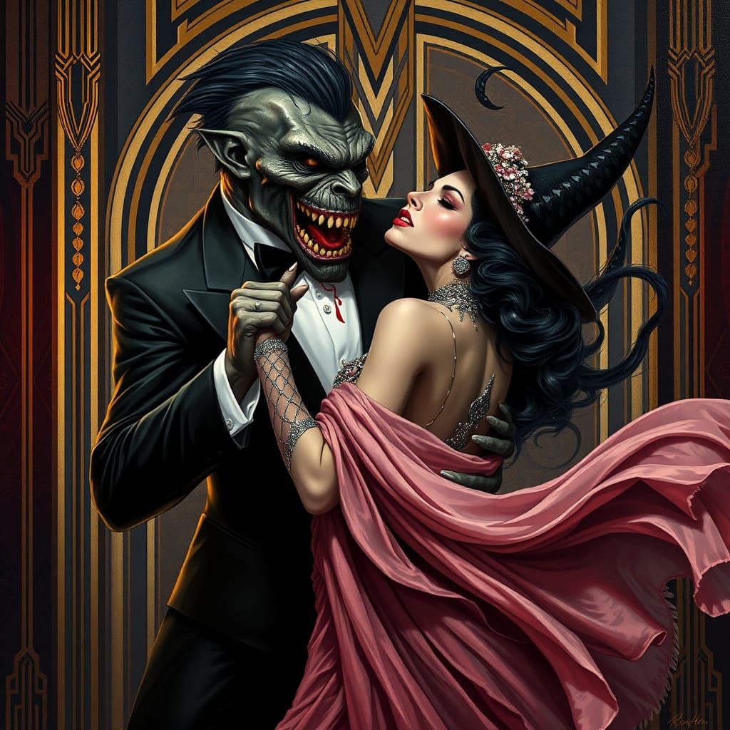Monster Dances with Witch in Art Deco Style