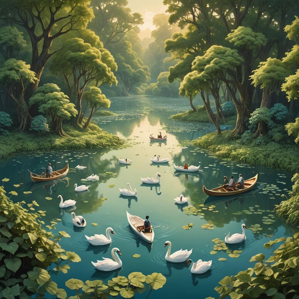 Kudzu Grove: Swan Boats on Calm Lake