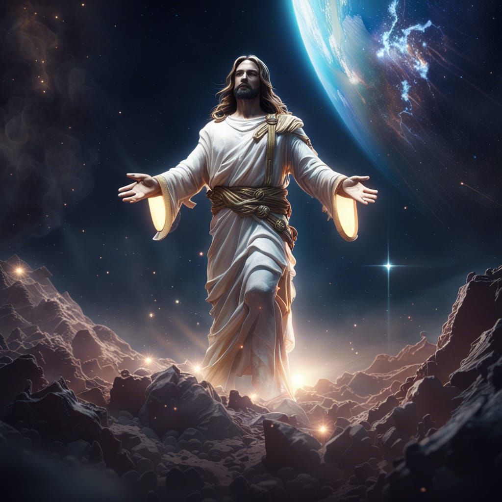 Jesus Christ Protecting Earth in Galactic 3D Rendering