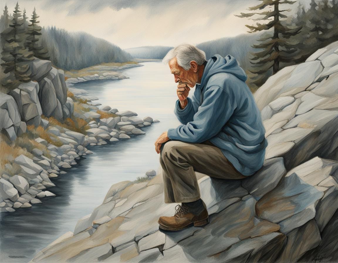 Contemplative Figure on Cliff in Realistic Color Pencil