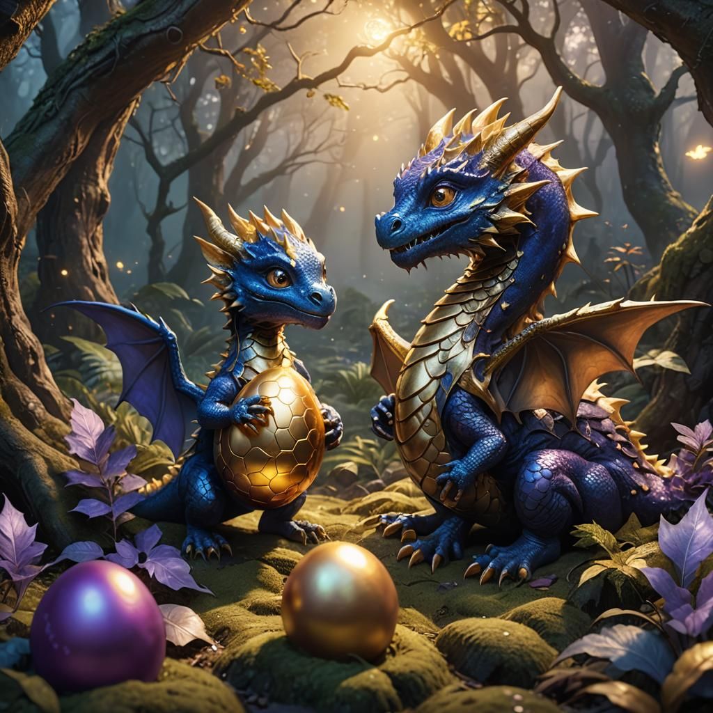 Baby Dragon Playing with Golden Egg in Mystical Forest