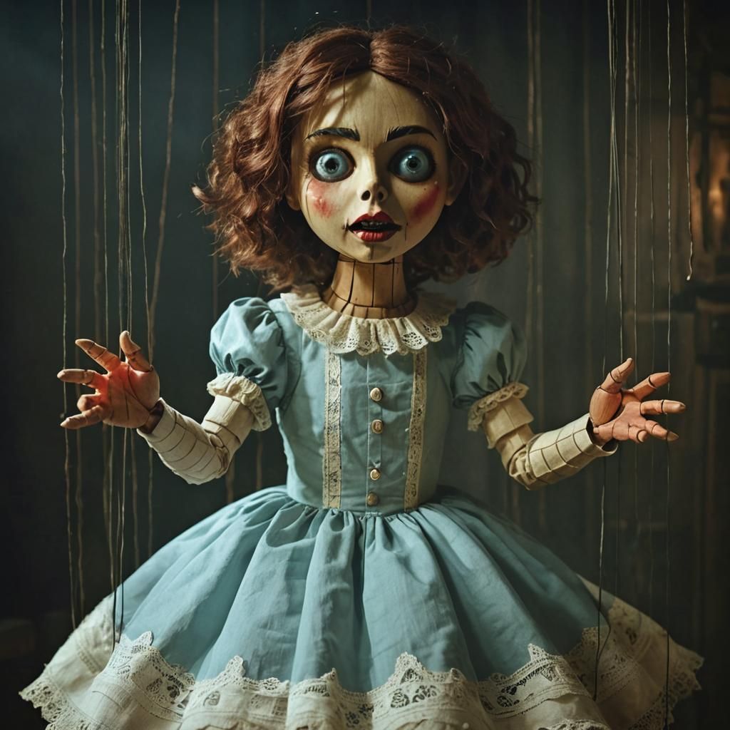 A young woman being transformed into a creepy marionette.