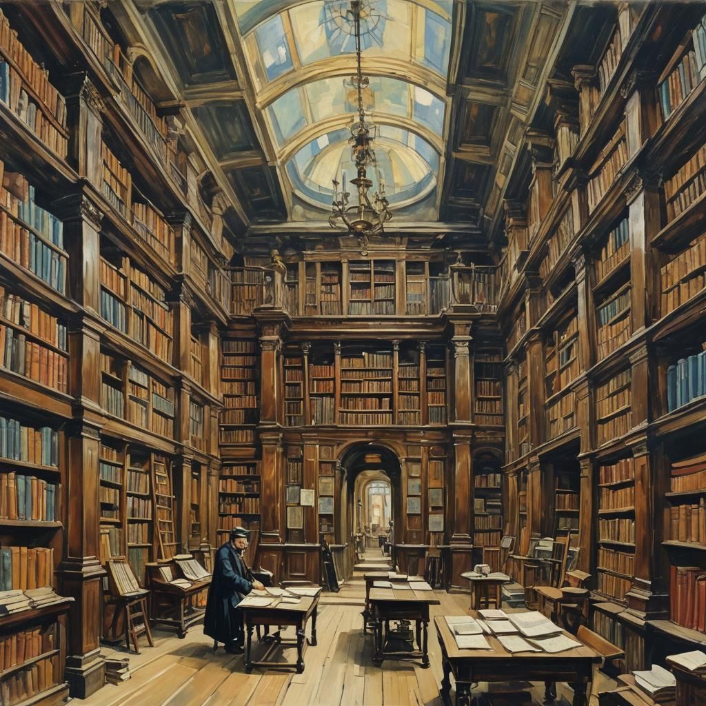 Ancient Library in Impressionistic Style