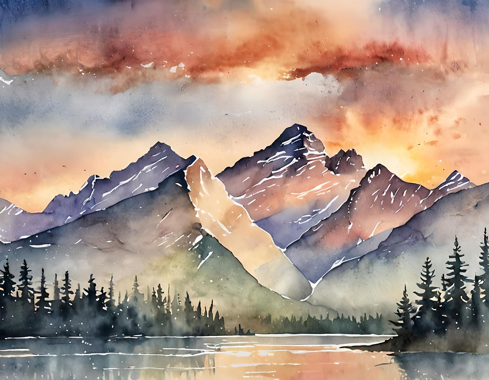 Sunrise Over the Canadian Rockies as Watercolour