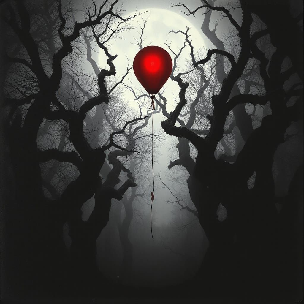 Crimson Balloon in Gothic Forest: Romantic Realism
