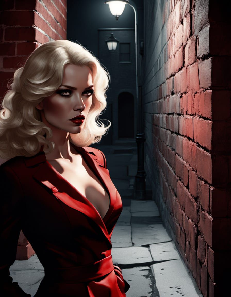 Femme Fatale with Handgun in Noir Alley