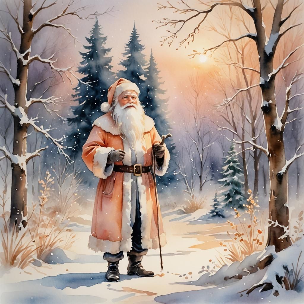 Santa Claus in Snowy Watercolor Painting
