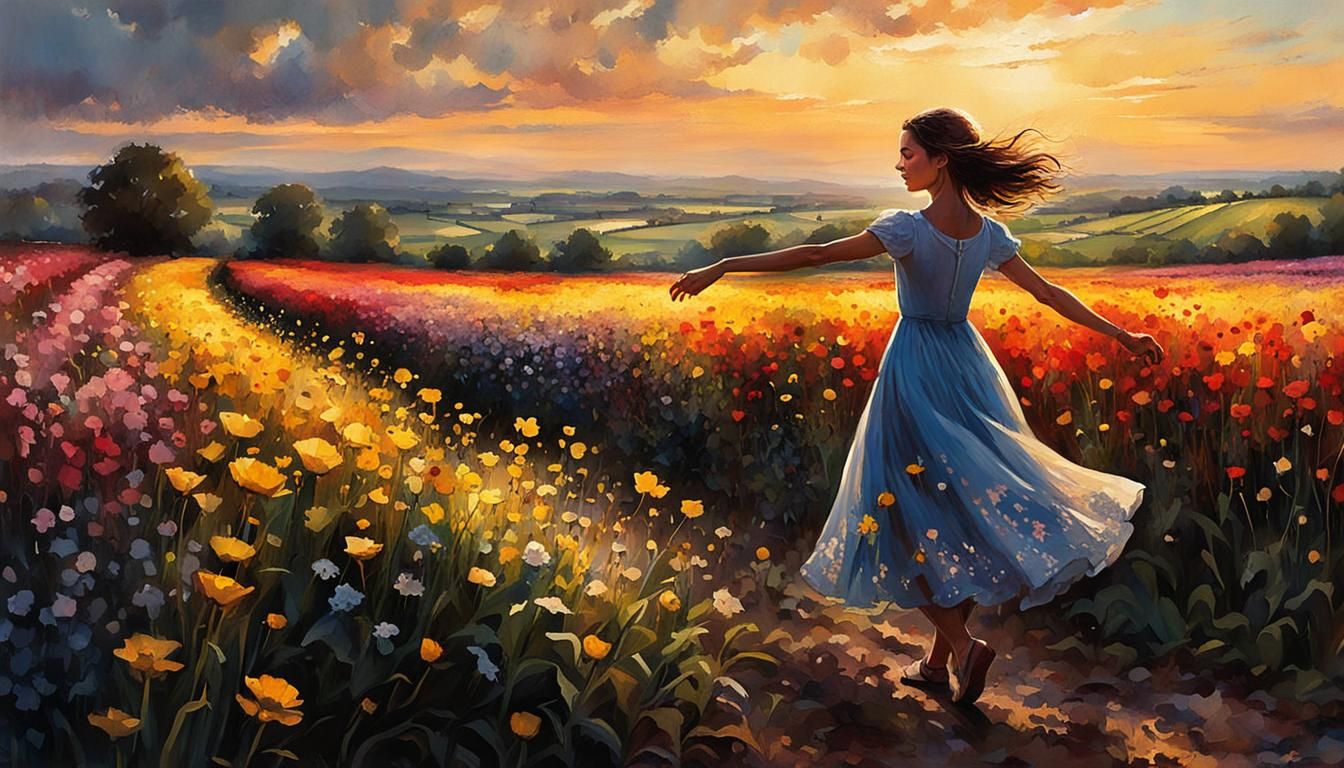 Girl Dances in Flower Field: Watercolor Impression