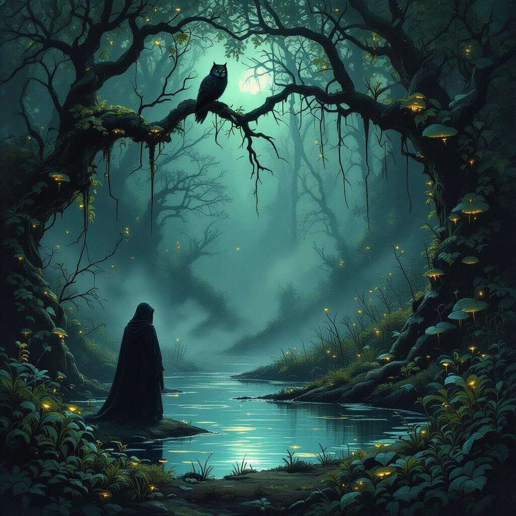 Cloaked Figure by Bioluminescent Forest Pool