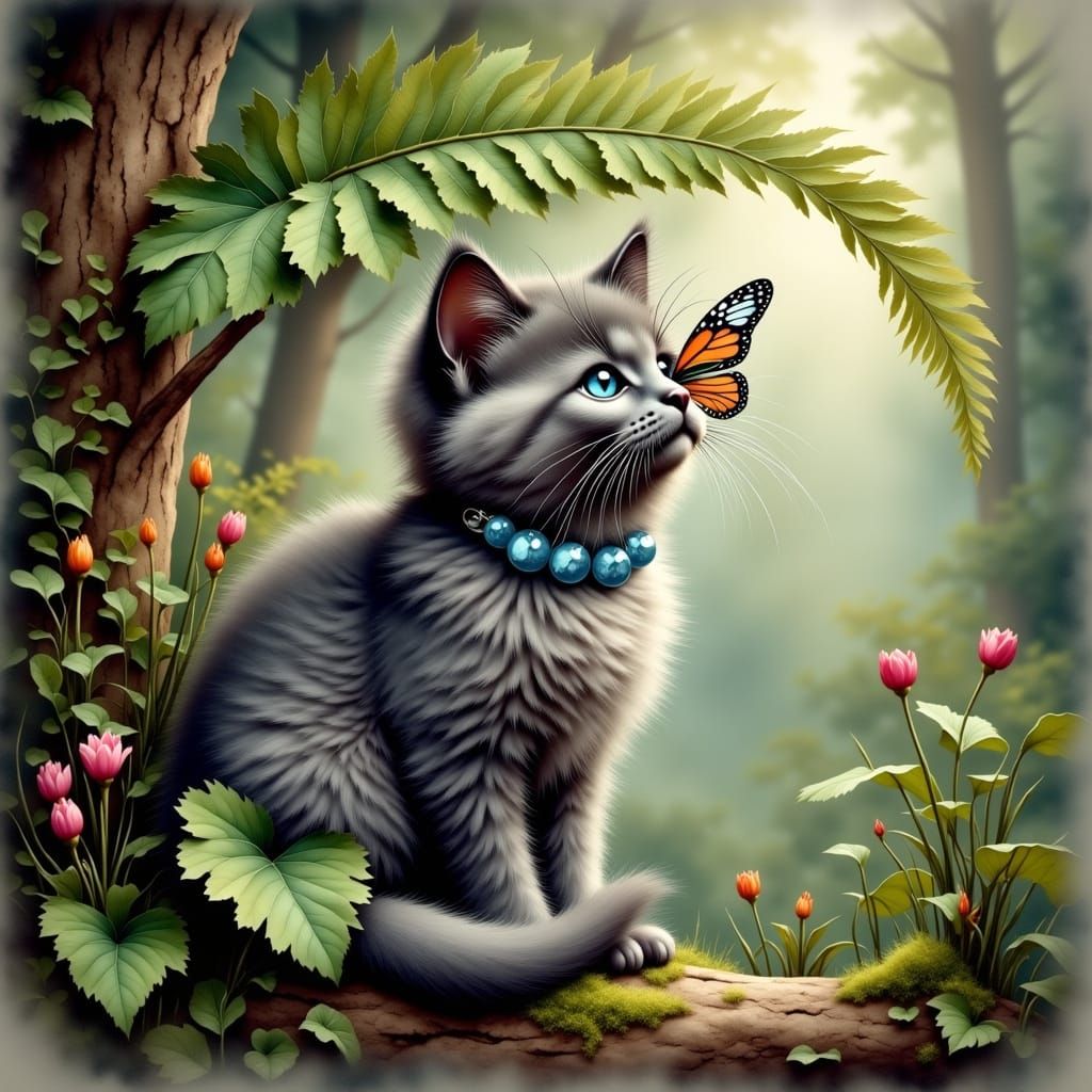 Persian Kitten in Rainy Forest, Antique Watercolor Art