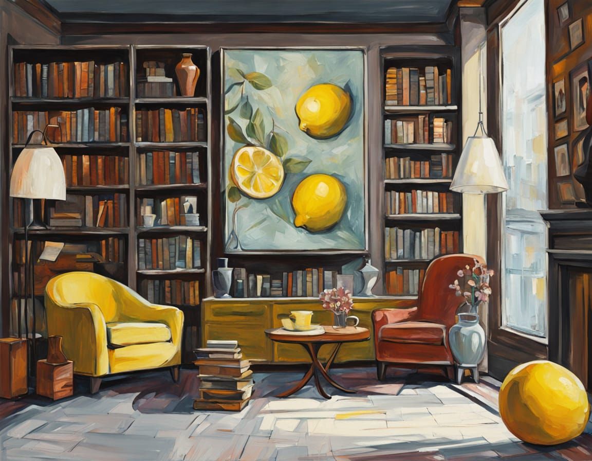 Abstract Expressionist Interior with Bookshelves and Still L...