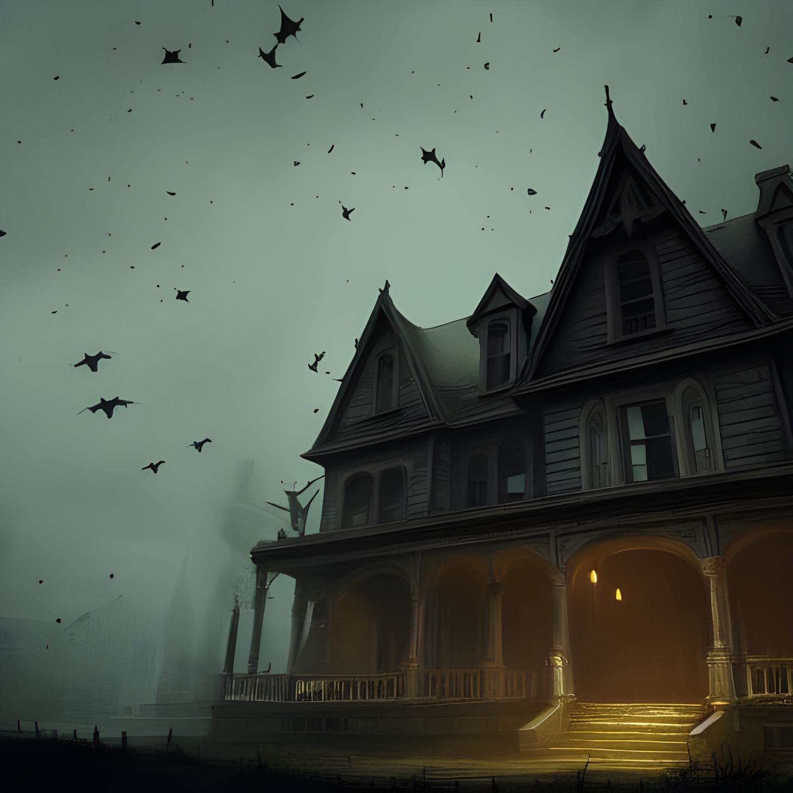 Haunted House Under Dark Sky in Fantasy Art Style