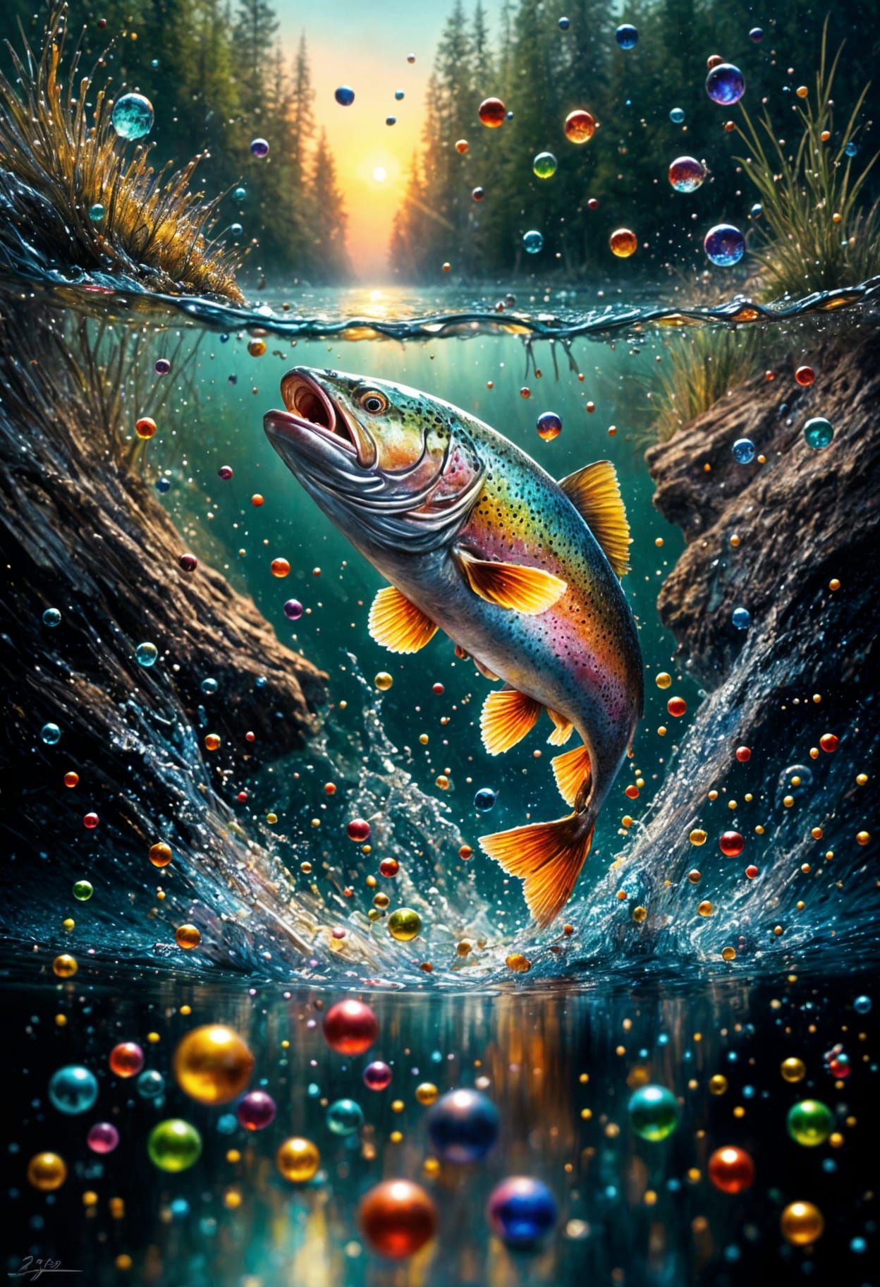 Rainbow Trout Leaping: Hyperrealistic Oil Painting