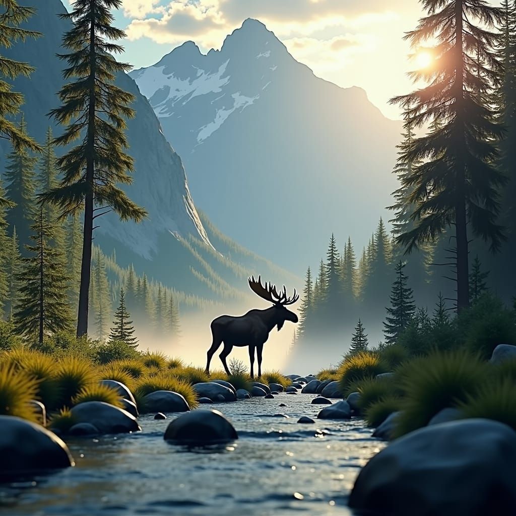 Majestic Moose in Serene Mountain Landscape