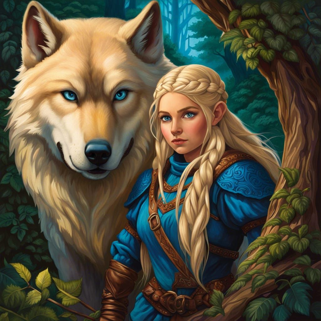 Fantasy Ranger and Wolf in Detailed Forest Scene