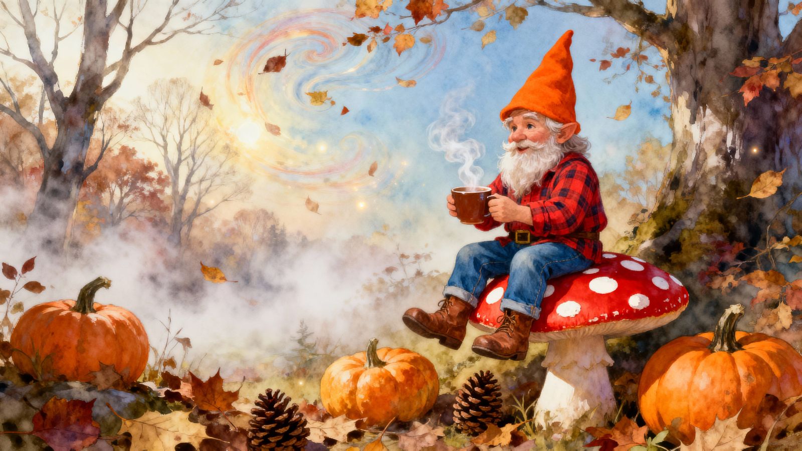 Gnome Enjoys Autumn Magic on Polka Dot Mushroom