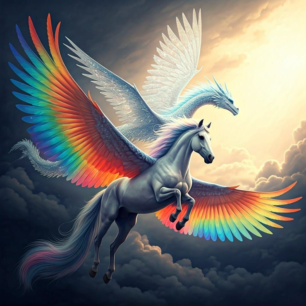 Pegasus and Ice Dragon Soaring Through Misty Sky
