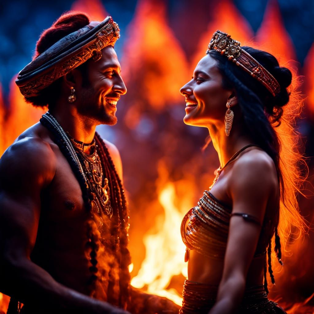 Sensual Shamans Dancing Amidst Vibrant Campfire