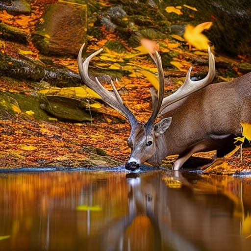 Stag at Babbling Brook in Autumnal Light