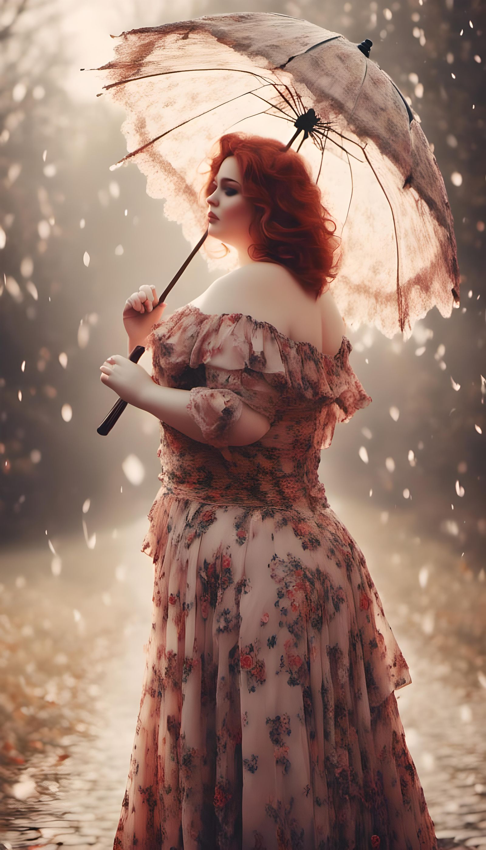 Elegant Plus Size Woman with Parasol, Hyperrealistic Portrai...