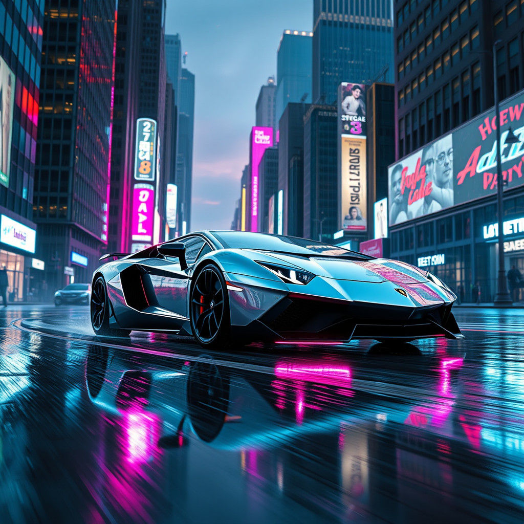 Cyberpunk Lamborghini Aventador in Neon Cityscape