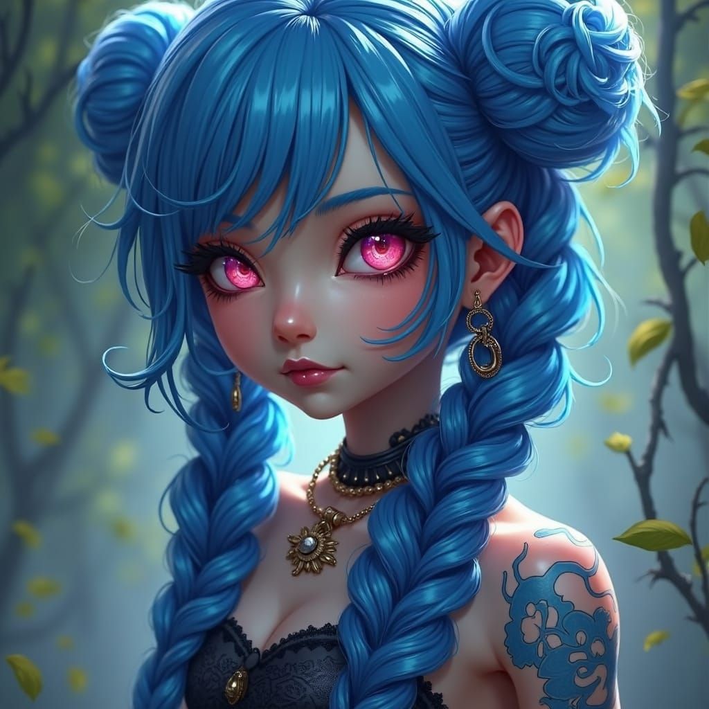 Blue-Haired Girl with Gun, Dark Fantasy Concept Art