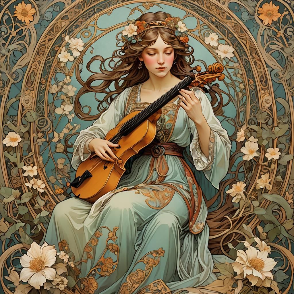 Bohemian Woman with Lyre in Art Nouveau Style