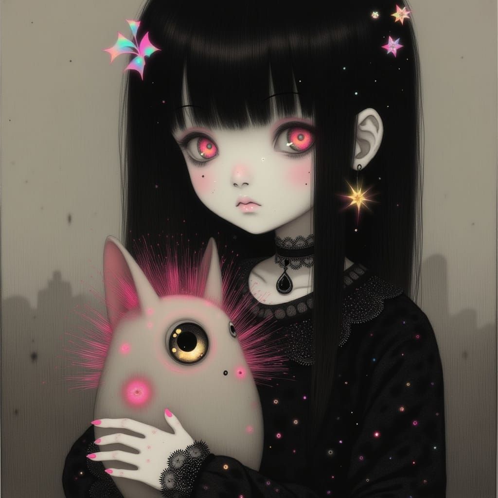 Gothic Woman with Sakura Cat in Minimalist Attire