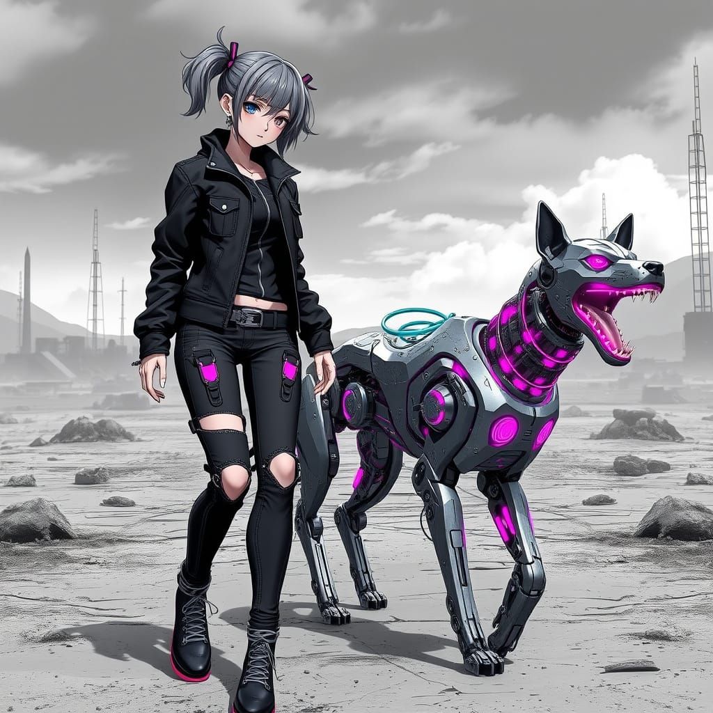 Cyborg Anime Girl with Dog in 3D Style
