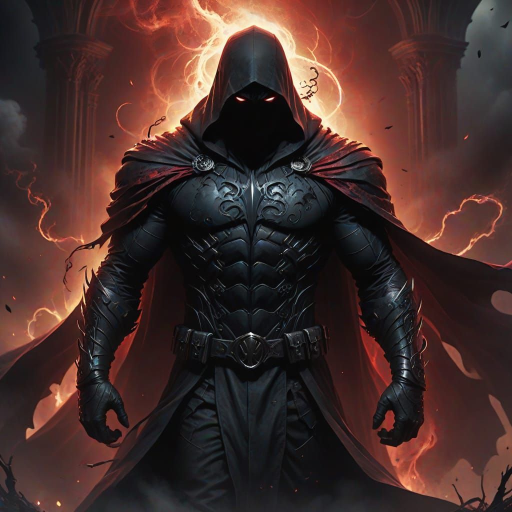 Dark Fantasy Superhero Cloaked in Shadows