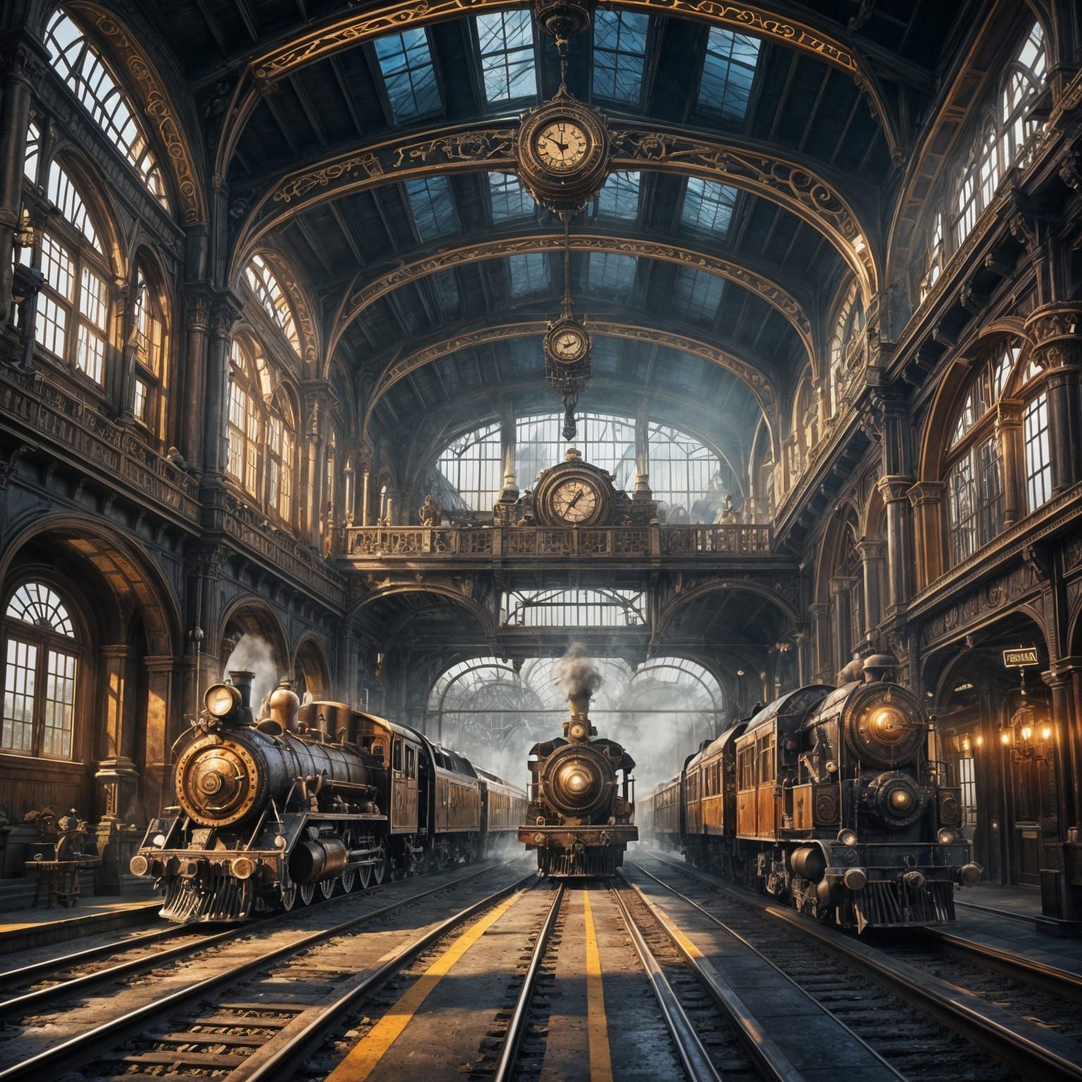 Intricate Steampunk Train Station Fantasy Art