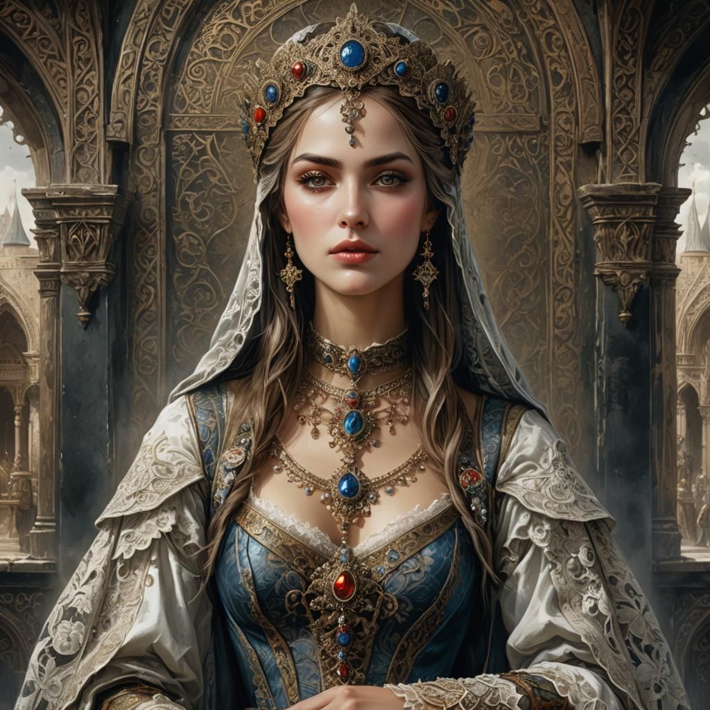 Woman in 14th Century Outfit: Vintage Oil Illustration