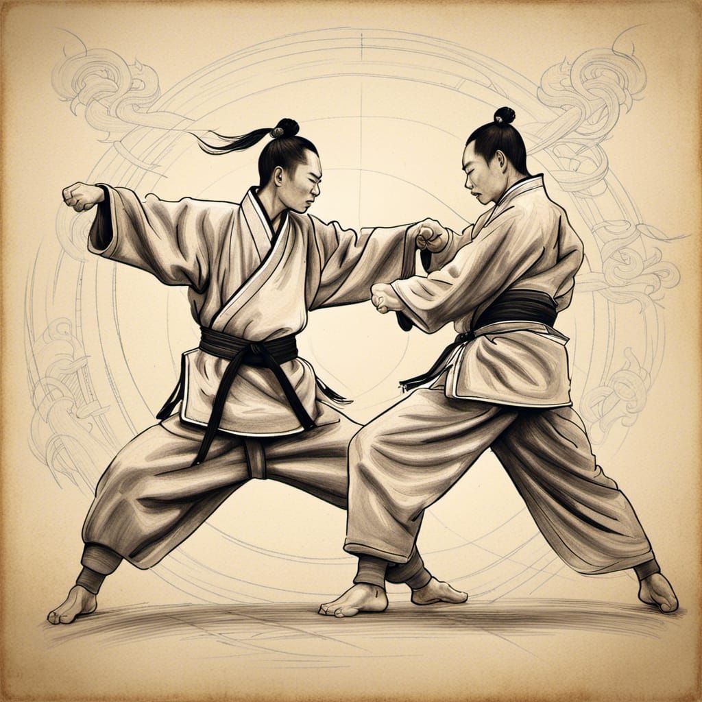 Detailed Pencil Sketch of Martial Arts Fighters