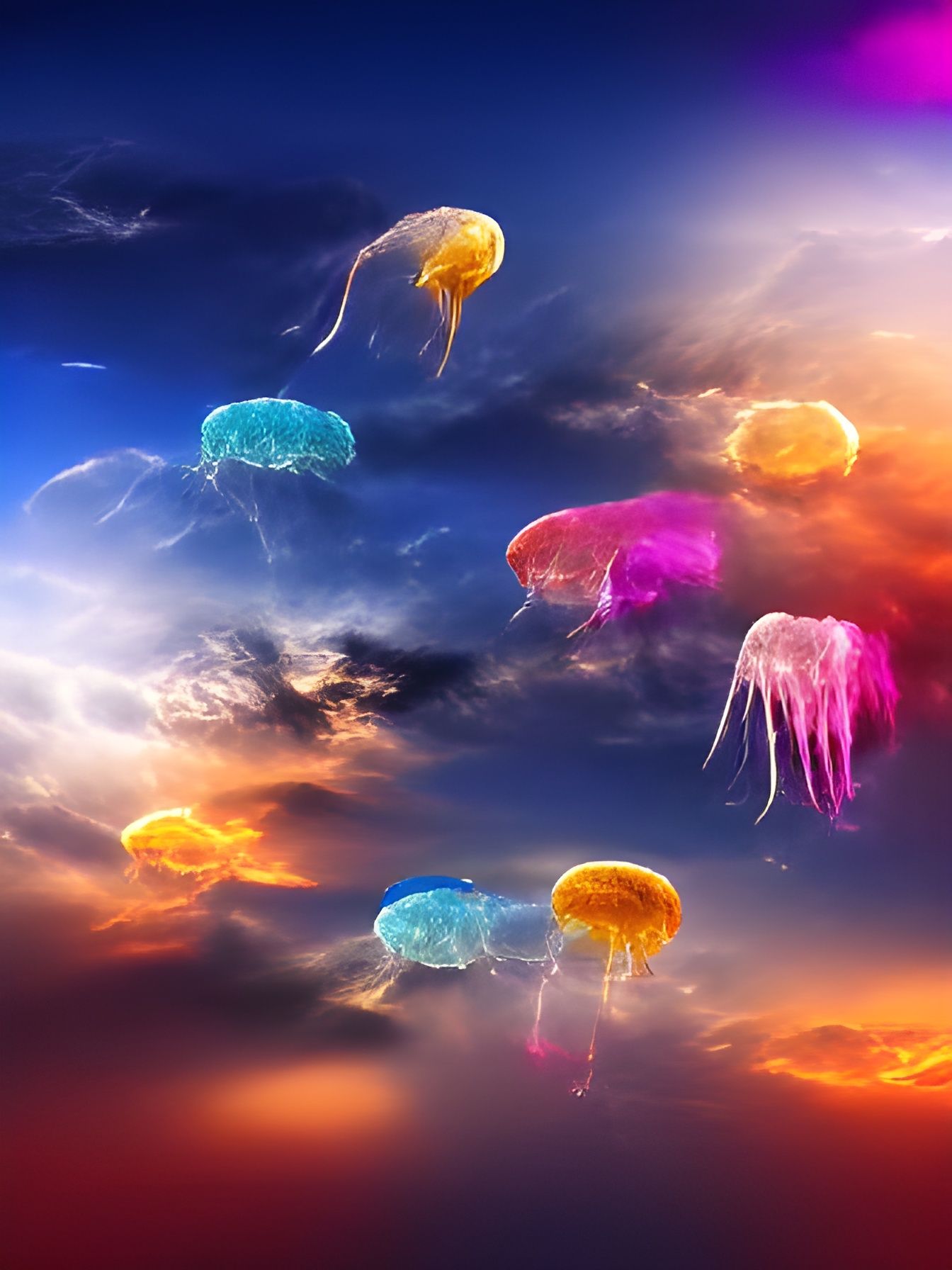 Colourful jellyfish floating in the sky
