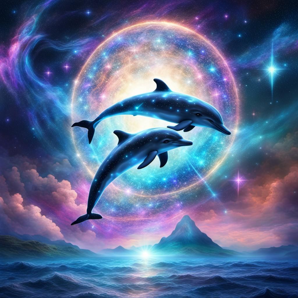 Cosmic Dolphins in Psychedelic Telescope Art Style