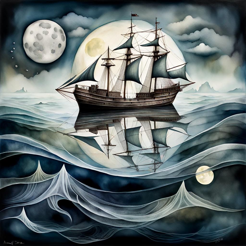 Ghostly Sailing Ship on Misty Sea