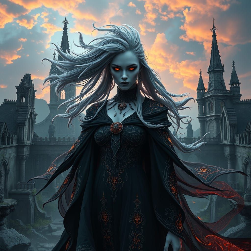 Chaos Witch in Photorealistic Gothic Attire, Defying Gravity