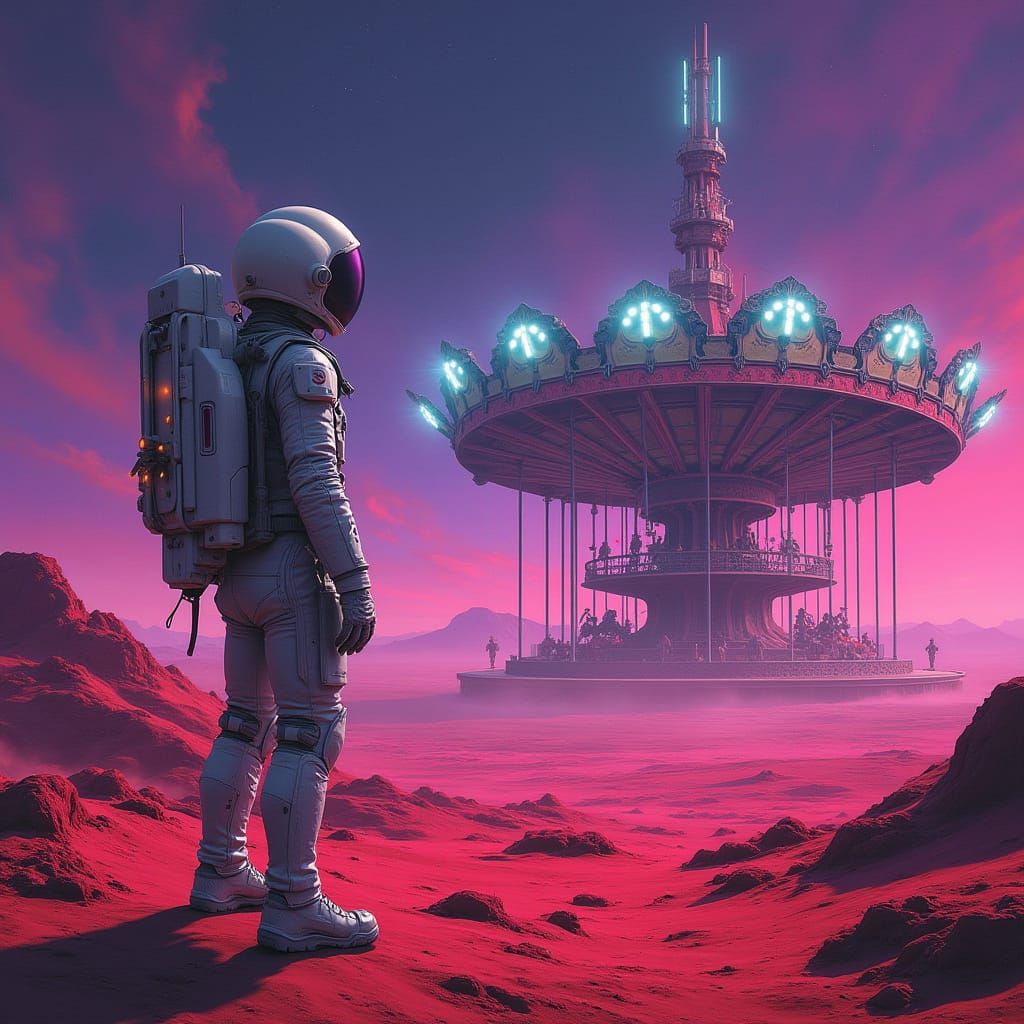 Astronaut on Crimson Planet Facing Alien Carousel Structure