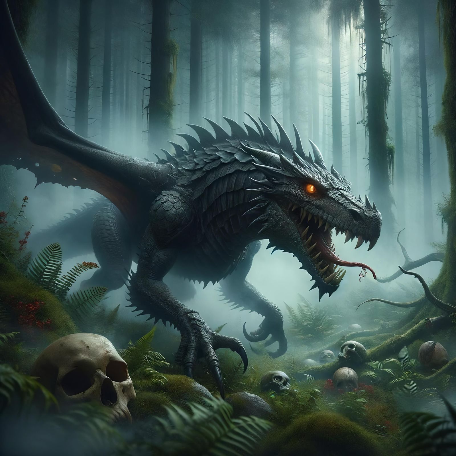 Epic Fantasy Ambush Drake in Misty Forest