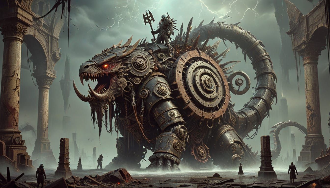 Demonic Warrior on Mechanical Beast in Ruined City