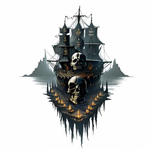 Gothic Horror Skull Ship Crashing Through Skull Waves