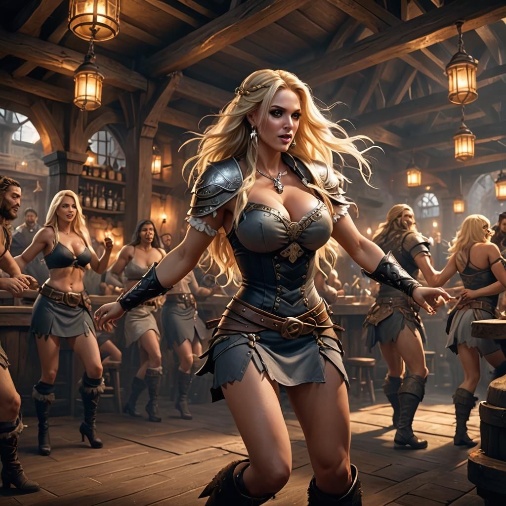 Barbarian Tavern: Fantasy Woman Dancing, Hyperdetailed Art